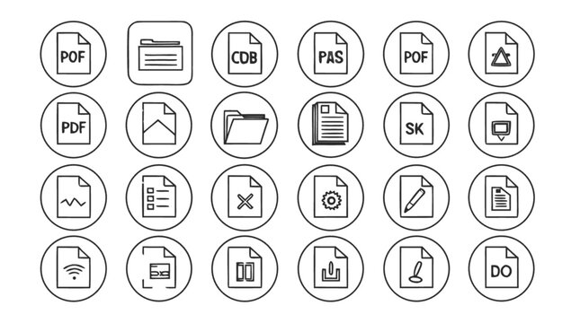 File and document vector line icon set with folder PDF image edit settings and format symbols in circles