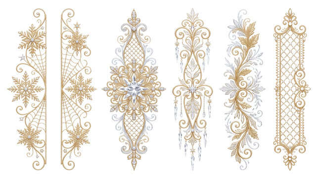 Vintage gold filigree borders and winter snowflake ornaments, elegant victorian lace decorative elements, luxury metallic floral scrollwork set isolated PNG with Transparent Background