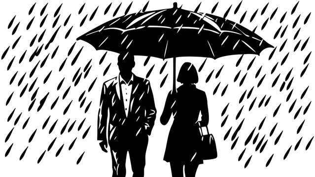 Couple under Umbrella in Rain Silhouette Icon - Man and Woman Walking in Stormy Weather Vector Graphic