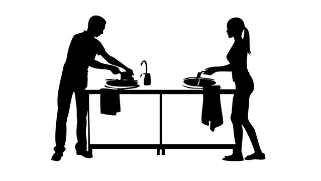 Couple Washing Dishes Silhouette Icon - Man and Woman Doing Kitchen Chores and Cleaning Plates Vector Graphic