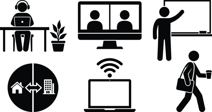 Hybrid Work and Remote Learning Silhouette Vector Set with Home Office, Video Call, Teacher, Laptop, WiFi, and Commuter for Business Designs