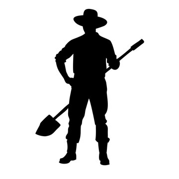 Farmer with Shovel Silhouette Icon - Agricultural Worker carrying Spade on Shoulder Vector Graphic