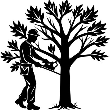 Arborist Tree Trimmer Cutting Trunk with Chainsaw Silhouette - Lumberjack Timber Forestry Vector Graphic
