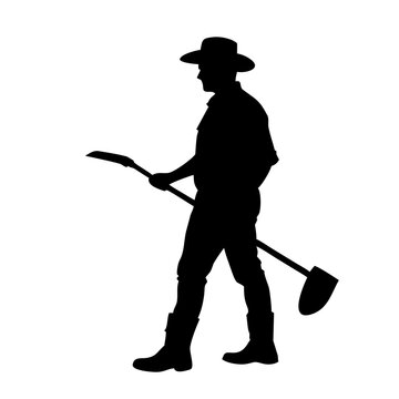 Farmer with Shovel Silhouette Icon - Agricultural Worker carrying Spade on Shoulder Vector Graphic
