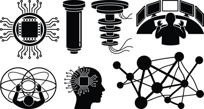 Quantum Computing Technology Silhouette Vector Set with Microchip, Neural Network, AI Brain, Atom, and Workstation Icons for Tech Designs