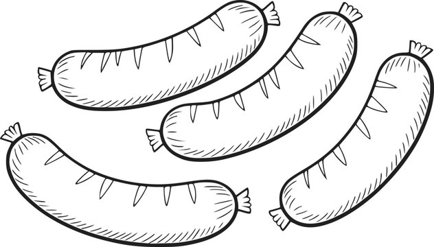 A hand-drawn of four delicious grilled sausages isolated on a clean white background for menu
