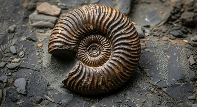 A fossilized ammonite shell with intricate brown and black spiral ridges on a dark rocky surface