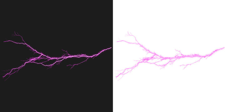 Vibrant pink lightning bolt strike with corresponding solid silhouette on a split background panel isolated on a transparent background