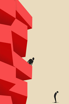 Successful businessman standing on top looking down and man looking up, which pointing up as symbol of achievement, success and developing business in successful way