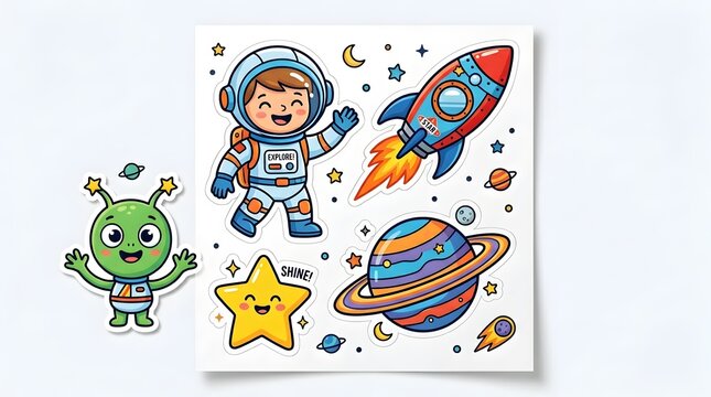 Playful space adventure sticker sheet with a smiling astronaut rocket flying planet alien star and comet elements