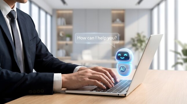 Businessman interacting with AI chatbot on laptop in office