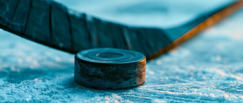 Hockey stick rests on ice rink surface. 64k 8k widescreen, HDR