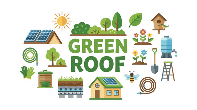 Vibrant illustration of sustainable urban living, showcasing innovative green roofs, solar energy, organic gardening, and eco-friendly water solutions for a greener future
