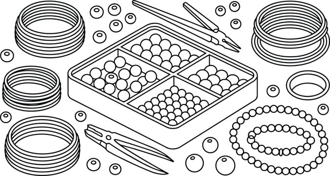 Jewelry making supplies featuring beading trays, metal pliers, decorative beads, and stackable bangles for crafting artistic accessories and handmade