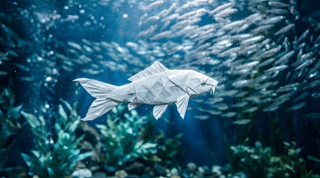 Origami fish swimming with school of fish underwater