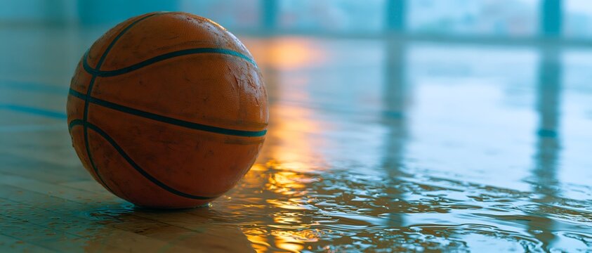 Single basketball rests on wet wooden floor. 64k 8k widescreen, HDR
