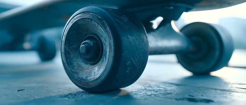 Skateboard wheel rests on wet pavement surface. 64k 8k widescreen, HDR