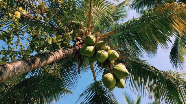 Coconuts on a palm tree with blue sky background