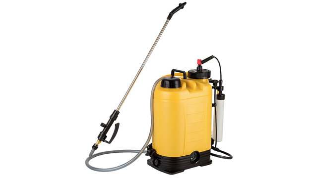 Yellow plastic manual garden compression sprayer utility isolated on transparent background