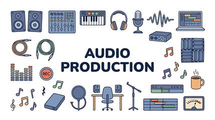 Fototapeta premium A comprehensive set of modern audio production equipment icons, illustrating studio tools for professional sound engineering, music recording, mixing, and mastering