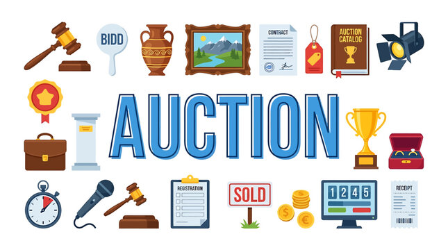 Dynamic collection of auction-themed items showcasing a vibrant marketplace for valuable goods, art, and unique collectibles, representing the excitement of bidding and successful selling events