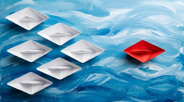 Paper boats sailing on textured blue paint waves