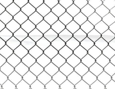 A close-up view of a metal chain link fence on a white background