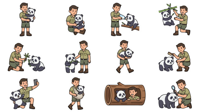 Professional Illustrated Cartoons of Zookeepers Caring for Giant Pandas in Various Engaging Activities