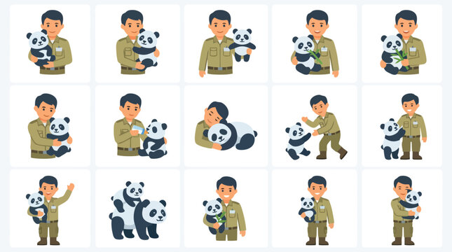 Professional Illustrated Collection of Zoo Keeper Caring for Giant Pandas in Various Heartwarming Moments