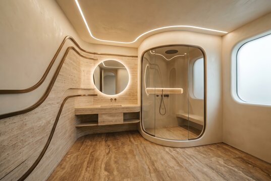 Futuristic curved accessible bathroom with curbless shower, floating vanity and integrated rails, warm design, no people