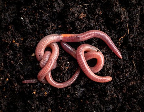 A close-up photo of three pinkish-red earthworms intertwined on dark damp soil