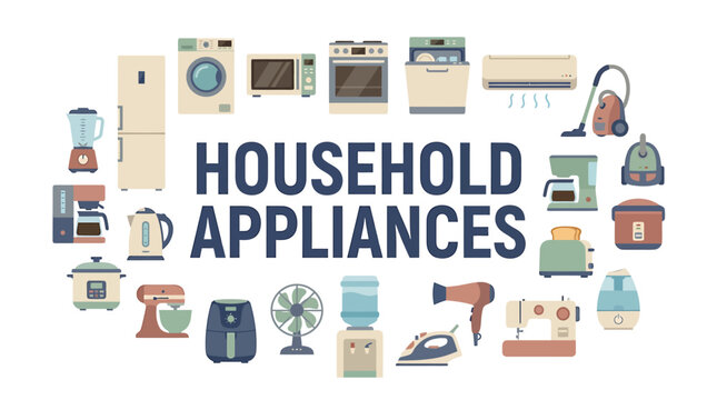 Comprehensive collection of modern household appliances, showcasing essential electronic devices and kitchen gadgets designed for contemporary home comfort and convenience in daily living