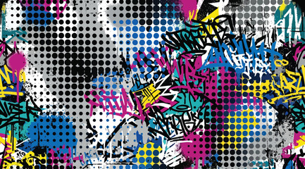 Abstract graffiti seamless pattern with halftone dots, colorful spray paint drips, and urban street art tags © S.Siam