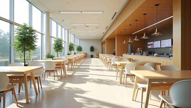 Spacious light-filled modern cafeteria with wooden tables, green plants and full-length windows