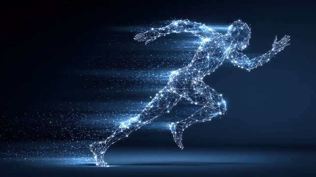 Glowing blue runner in motion on dark background