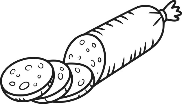 数枚の薄い丸いスライスにカットされた美味しいサラミソーセージのシンプルな白黒の線画