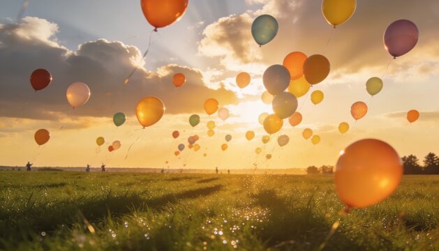 Memorial balloon release at sunset with colorful balloons floating over open field
