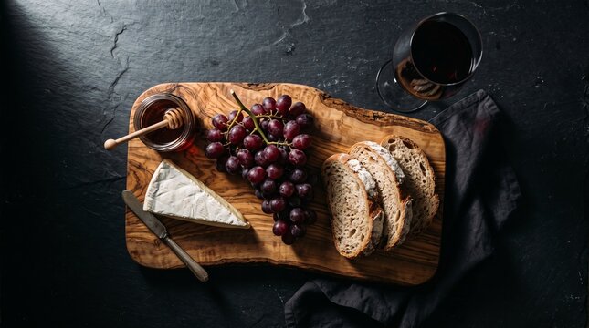 Overhead view of rustic cheese board with brie and wine on dark slate