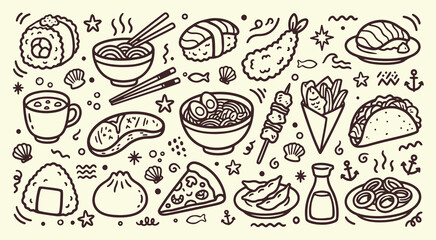 Creative hand drawn asian food and sushi restaurant doodle elements for menu or culinary background © Arshad