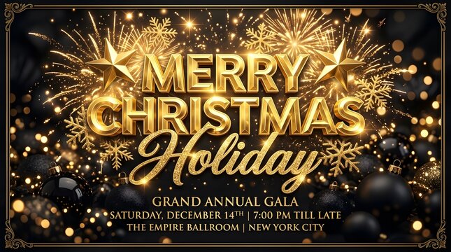 Merry christmas holiday gala event invitation flyer with gold text and fireworks on black background