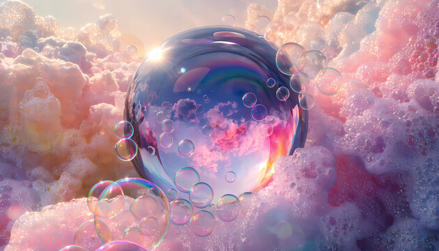 Soft Pink Dream Bubble Background with Realistic Reflective Glass Spheres