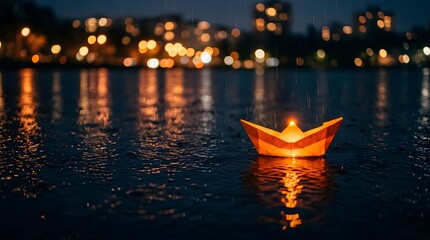 Illuminated origami boat floating on water at night