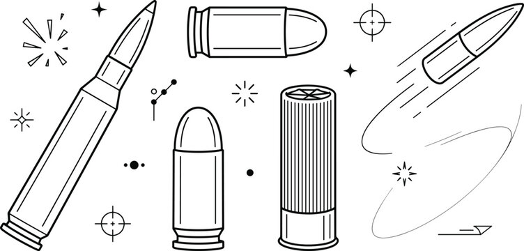 Gun Bullet and Shotgun Shell Ammunition Line Art Icon Vector Set for Military