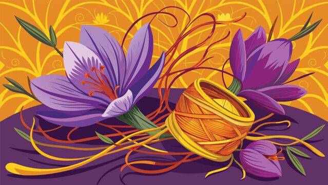 Delicate saffron crocus blooms with vibrant red stigmas and a spool of golden thread. Ideal for culinary cosmetic or luxury branding.