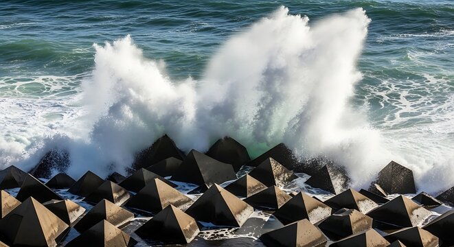 A large wave crashes against a seawall made of concrete tetrapods