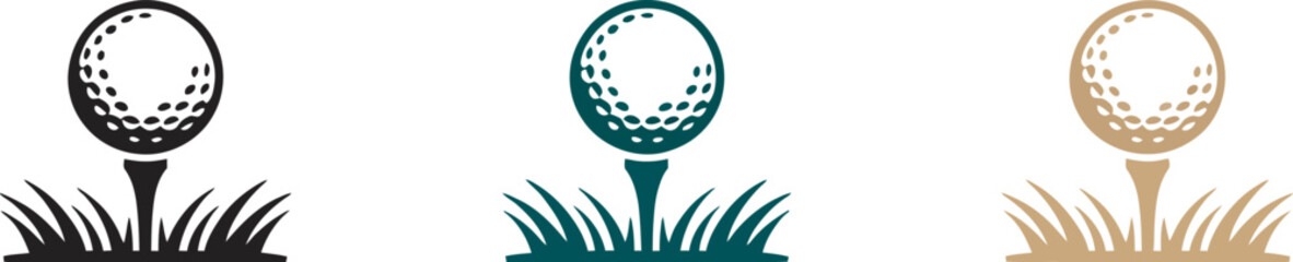Golf ball icon set featuring golf ball on tee vector illustrations in multiple colors, golf sports symbols and championship equipment for professional game, tournament and sports branding concepts. © Dalim 4