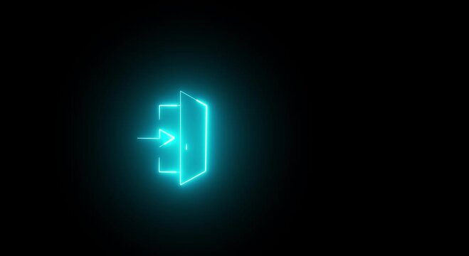 Glowing neon blue door icon with an arrow indicating entering or exiting action on dark background a minimalist outline