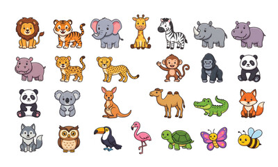 Obraz premium Cute Wild Animal Collection Flat Vector Illustration Isolated on Transparent Background