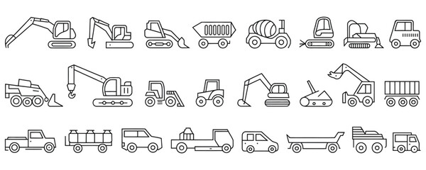 Collection of construction vehicles and heavy machinery icons in line art style for industrial and design use © Bd stock 