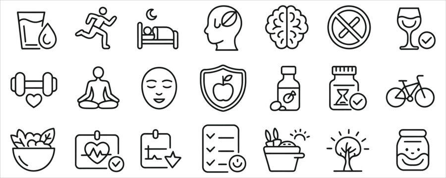 Collection of 20 line icons related to health, Wellness and self-care on white background